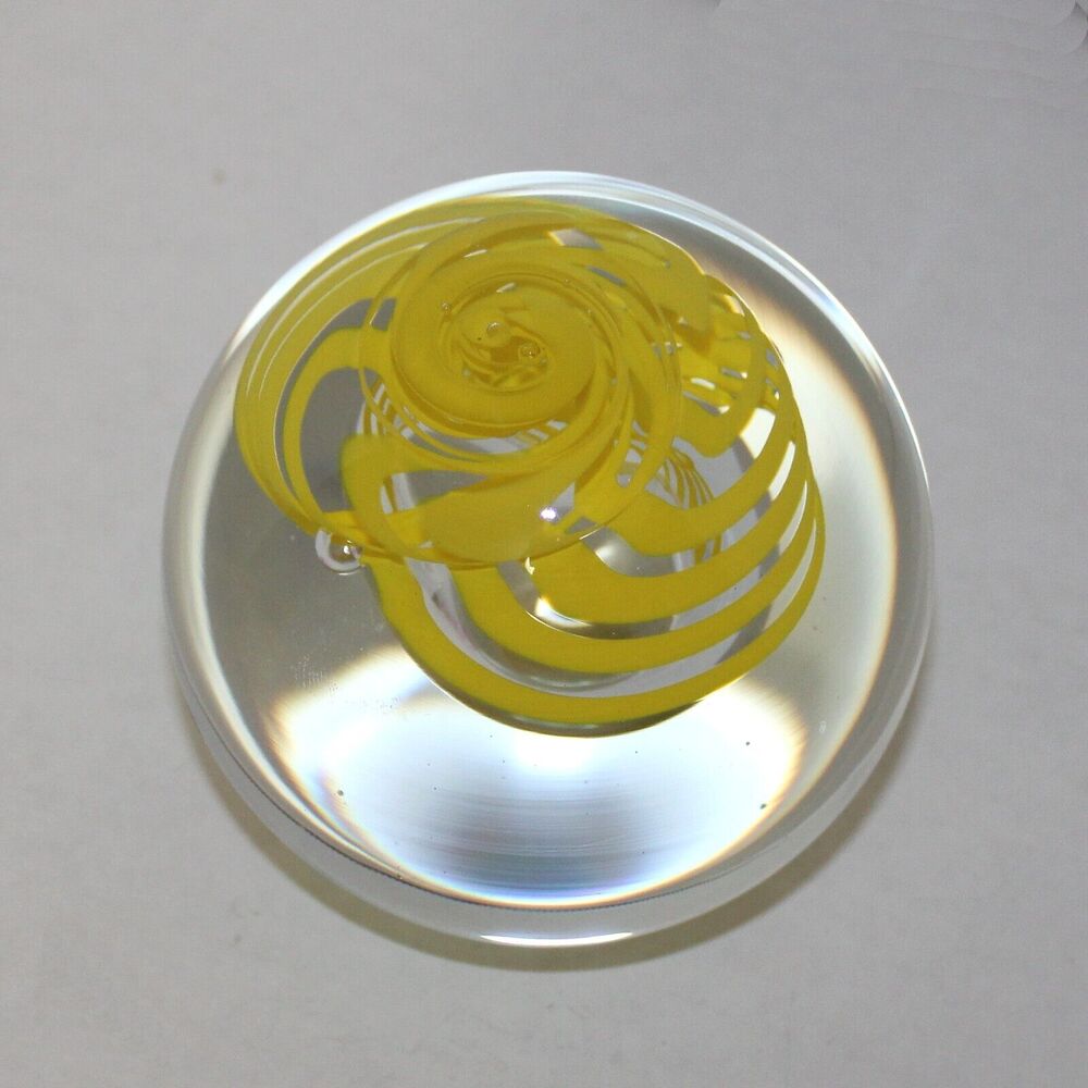 Iris Bohemia Crystal Paperweight Yellow Swirls Glass Handmade 12.25" Vintage